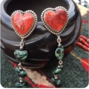 .925 Francisco Gomez Heart-Shaped Red Coral and Green Turquoise Earrings